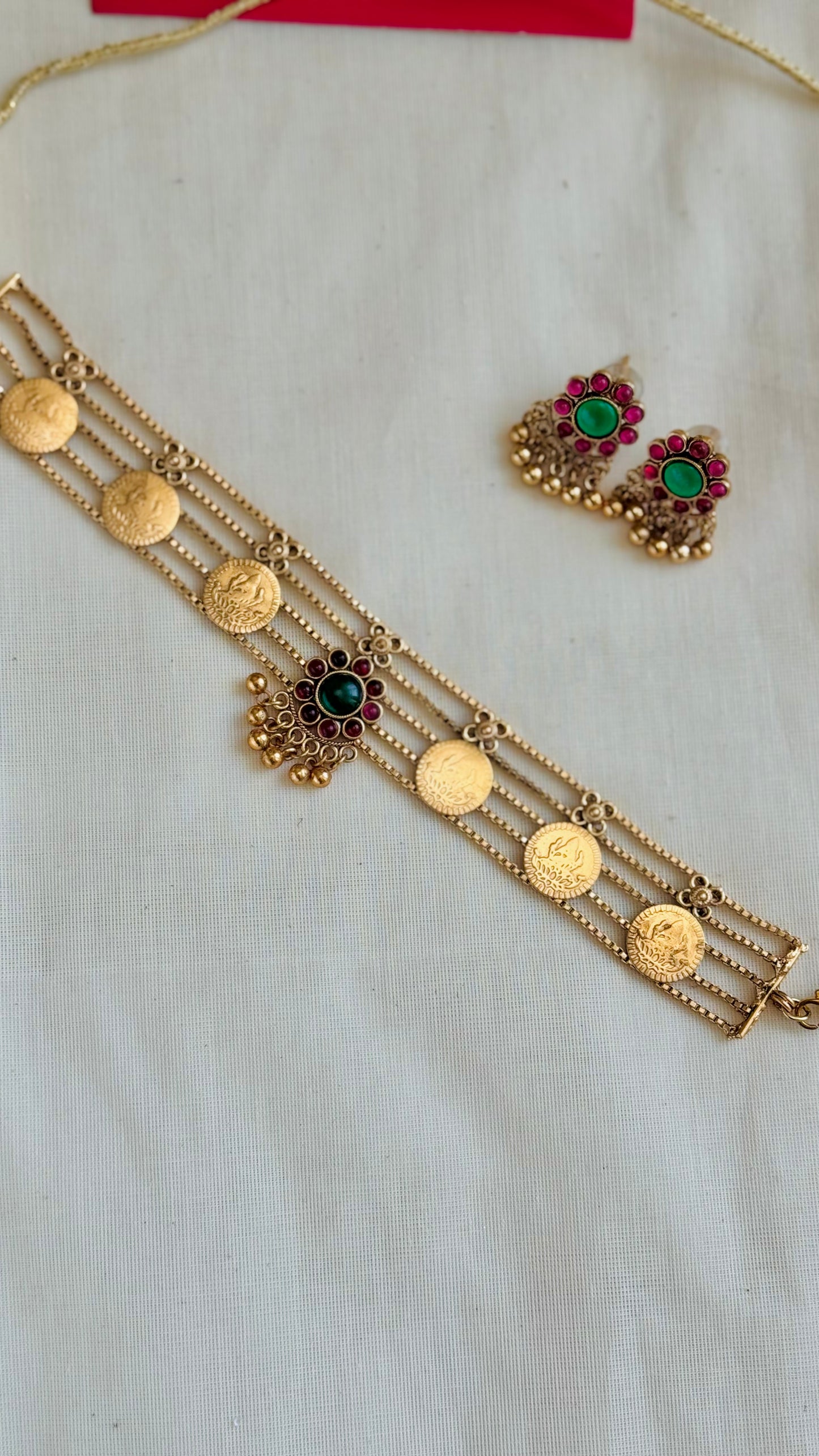 Palakka coin 5 layer choker, with earrings - YCGPNP781
