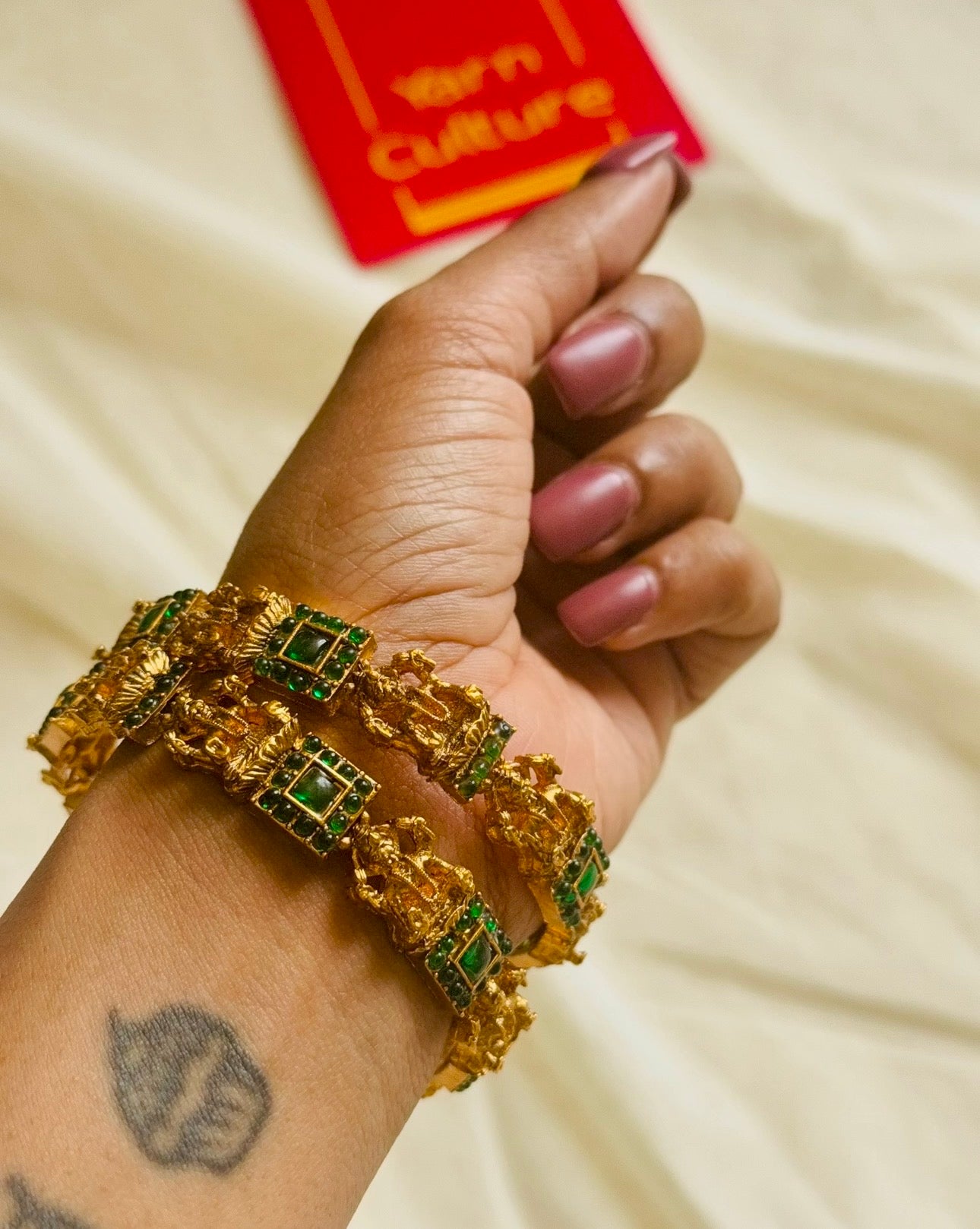 Green stone Lakshmi bangles set of 2, sizes 2.4, 2.6 - YCGPBA820