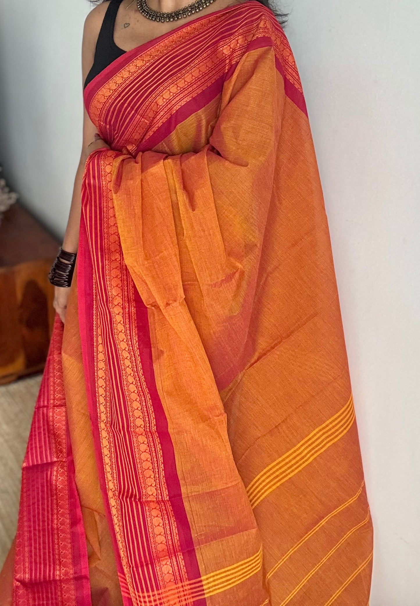 Orange with cherry red contrast thread border, kanchi cotton - YCCOTNOCCC03