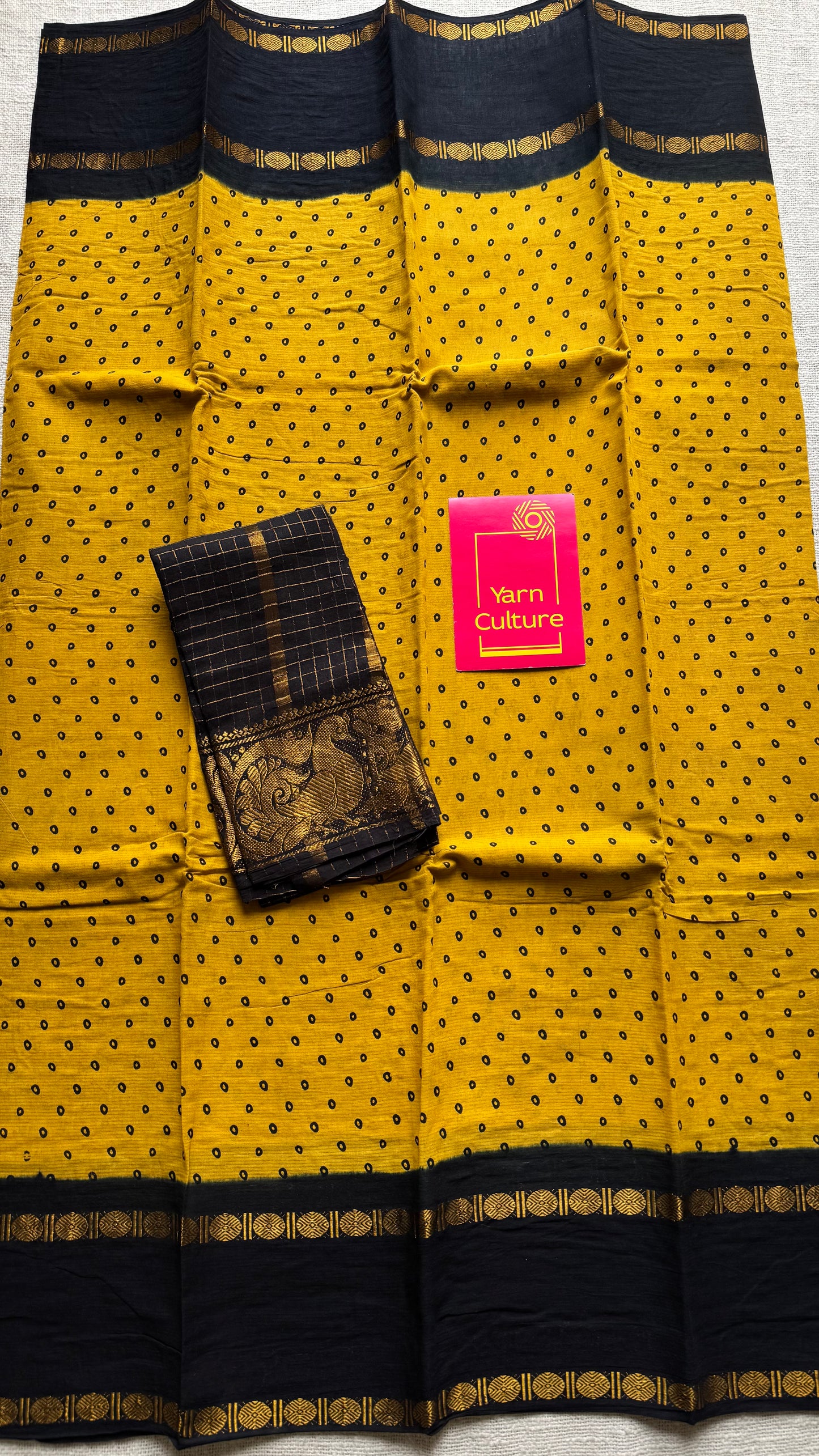 Yellow with black, sungudi motif and rudraksham border, madurai soft cotton - YCCOTNAUSC02
