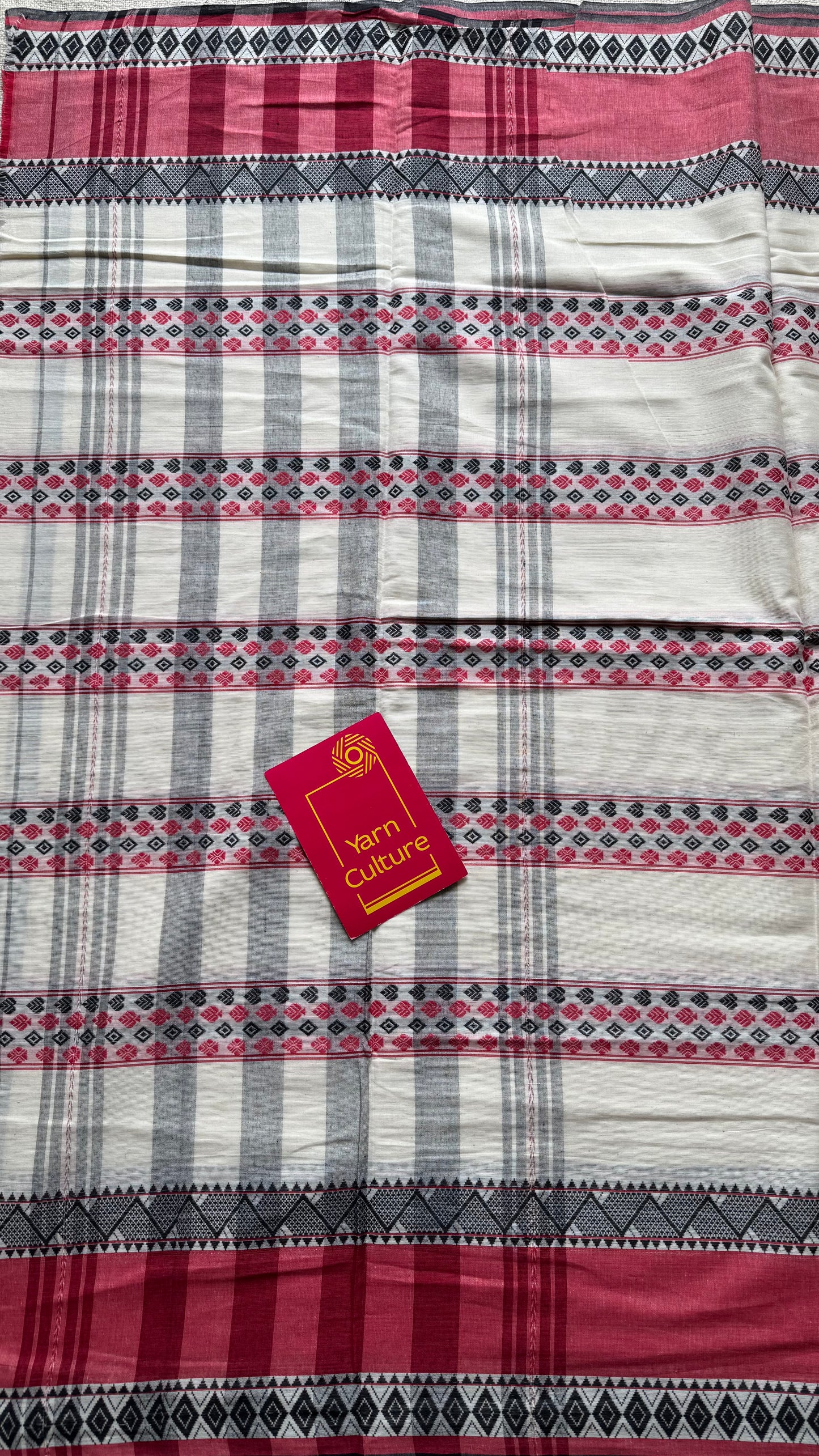 Pure Dhaniakhali tant in white, red and black patterened border - YCBCDP23
