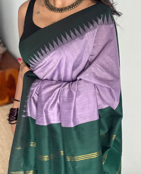 Lilac with dark green temple border - cotton silk - YCCOTNOCKCS7