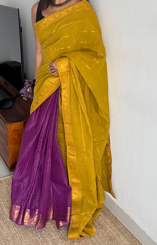 Light green with purple, sungudi cotton half-half saree - YCCOTNMSFE356