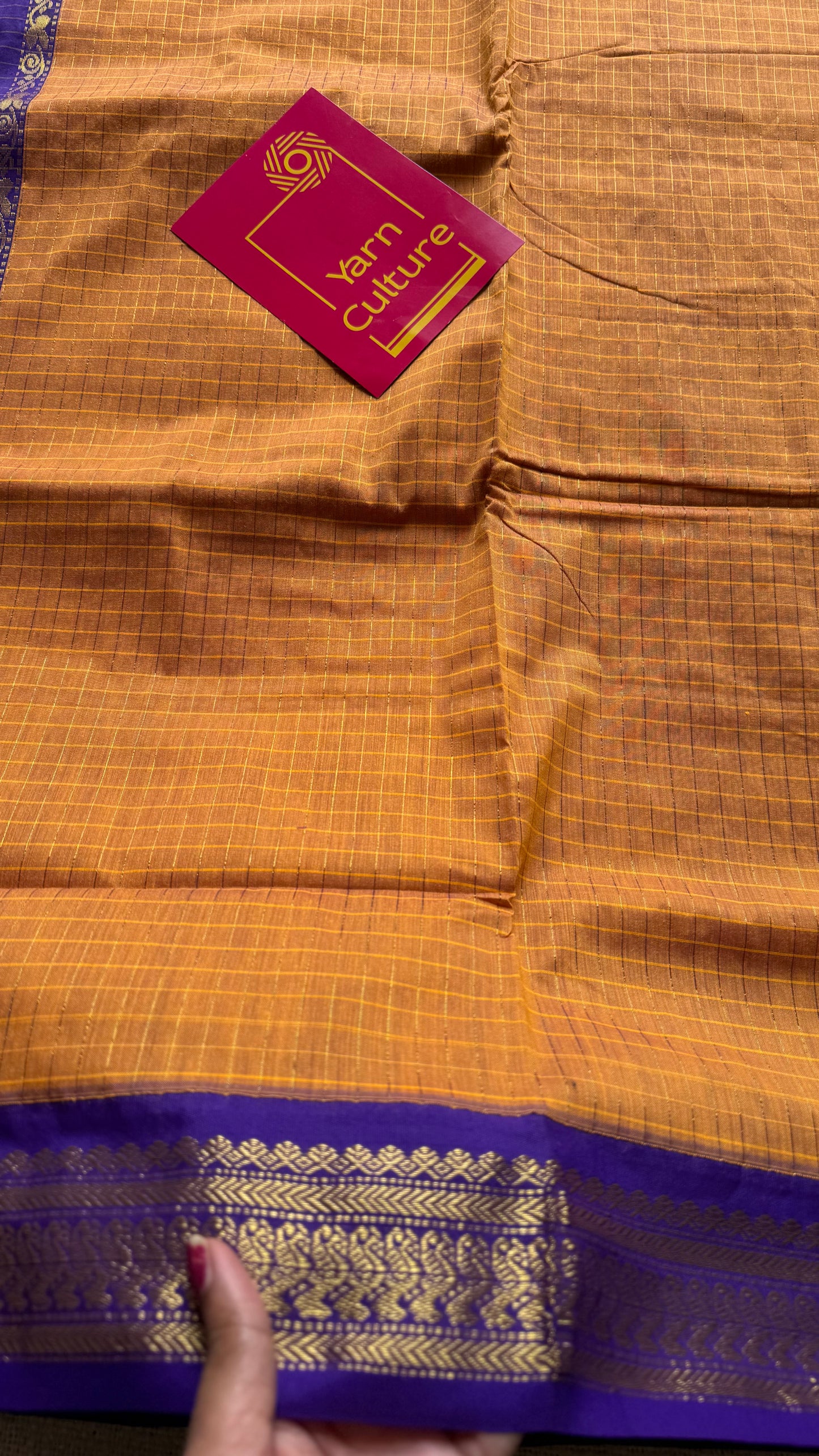 Yellowish orange with purple, checks - cotton silk - YCCOTNOCKC39