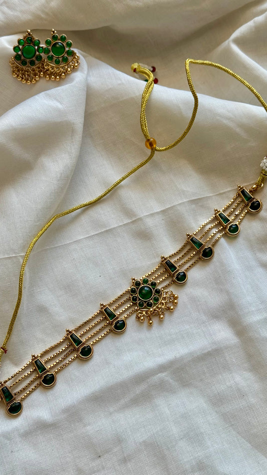 4 layered green pendant neckpiece with earrings - YCGPNP639