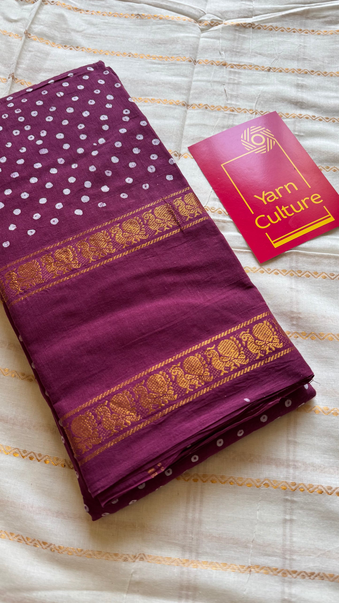 Raspberry maroon wax dot printed sungudi, kattuchayam dyed madurai cotton saree - YCCOTNMA260