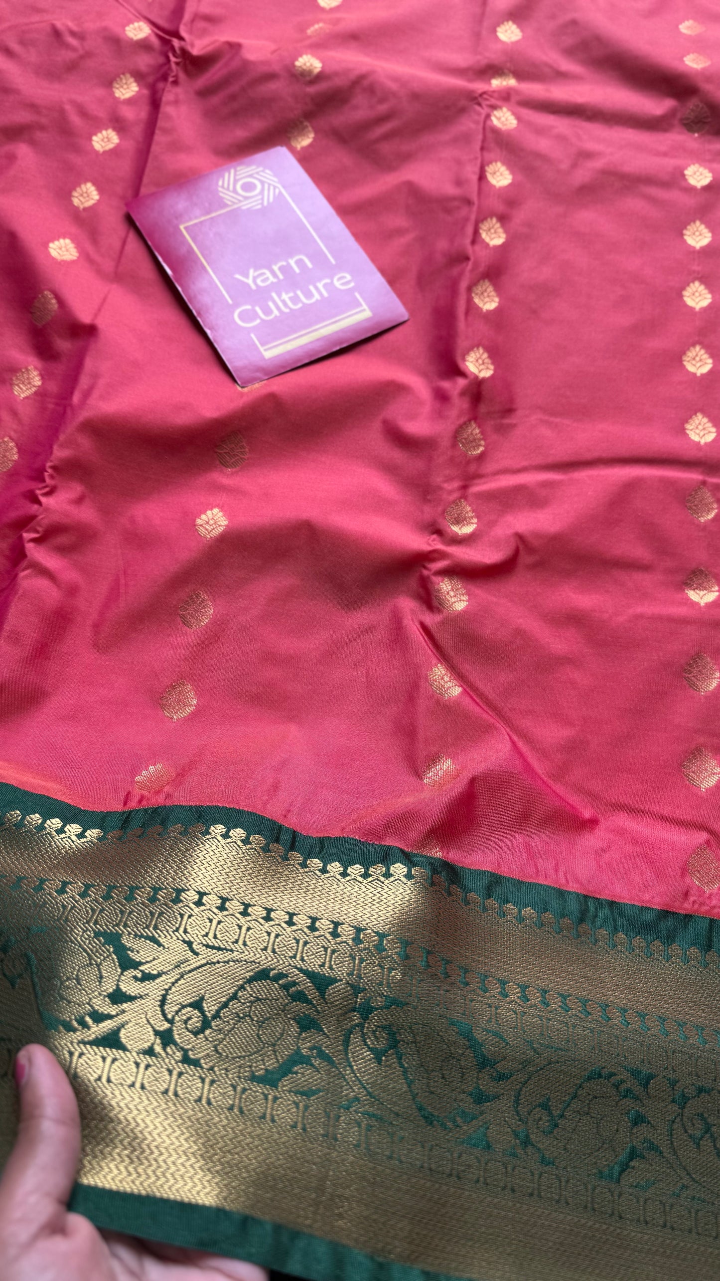 Kavini - peach with dark green, handloom korvai semi silk - YCCOTNFEJUKS01