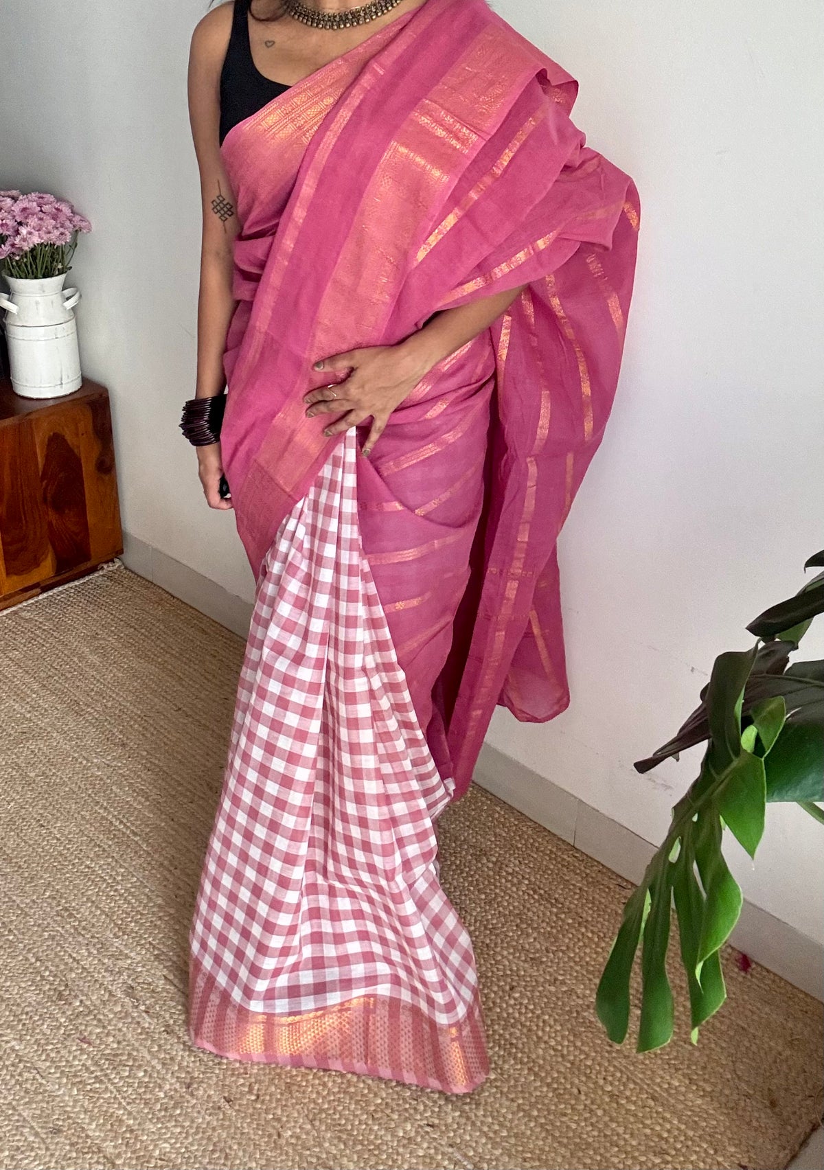 Dusty pink with multicoloured checks, sungudi and chettinad cotton half and half saree - YCCOTNIDOC136
