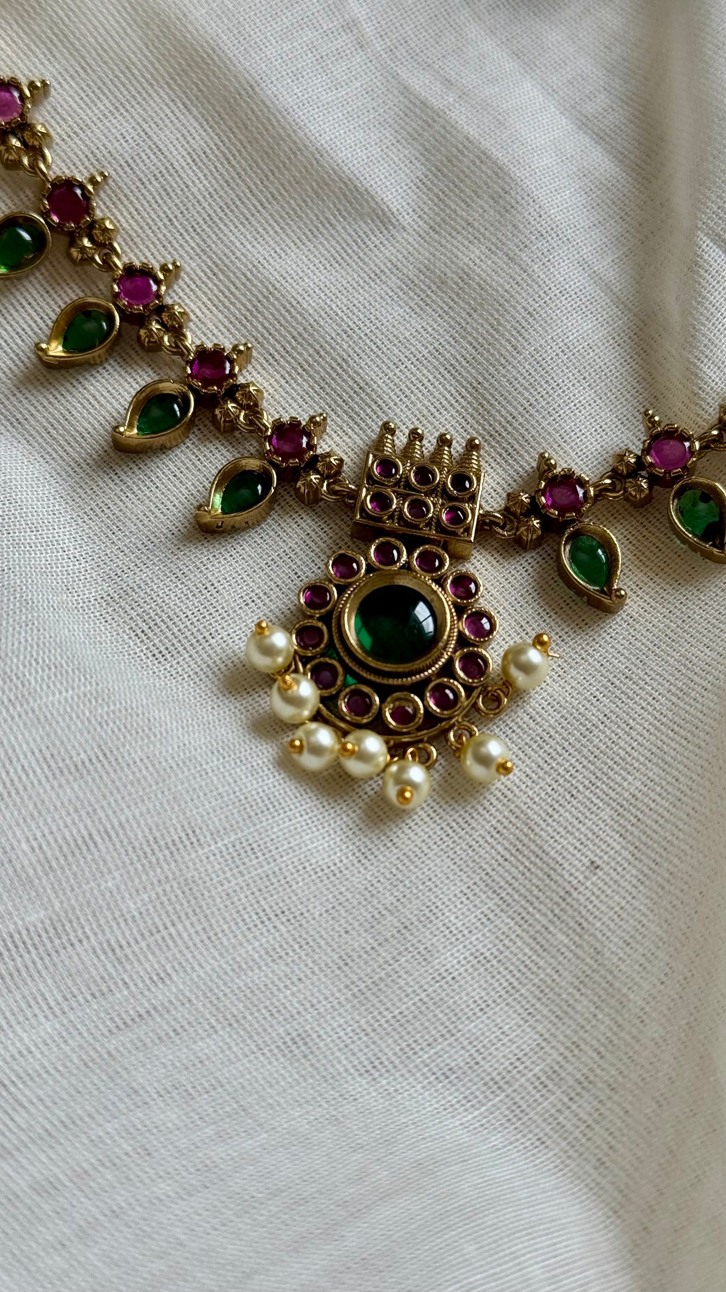 Green and dark pink palakka necklace with jhumka - YCAGC82