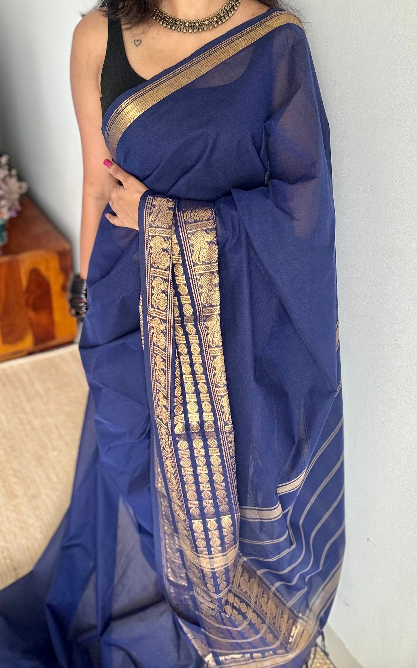 Dark blue with single side broad zari border, chettinad cotton - YCCOTNAUC55