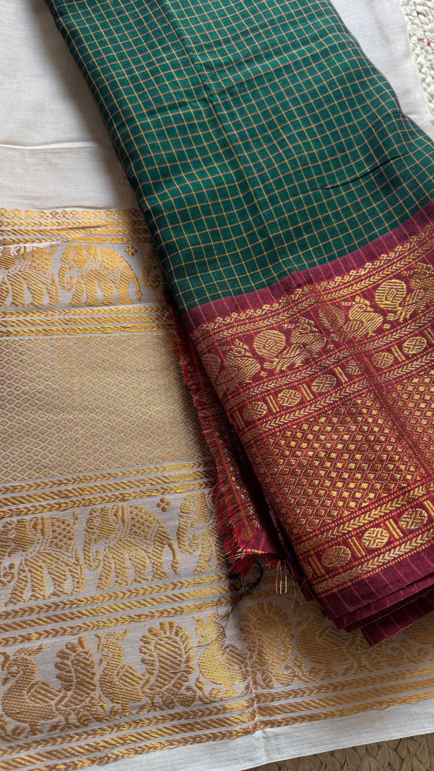 Ivory gold - Green half saree (dhavani), unstitched material, soft cotton - YCAHSN20