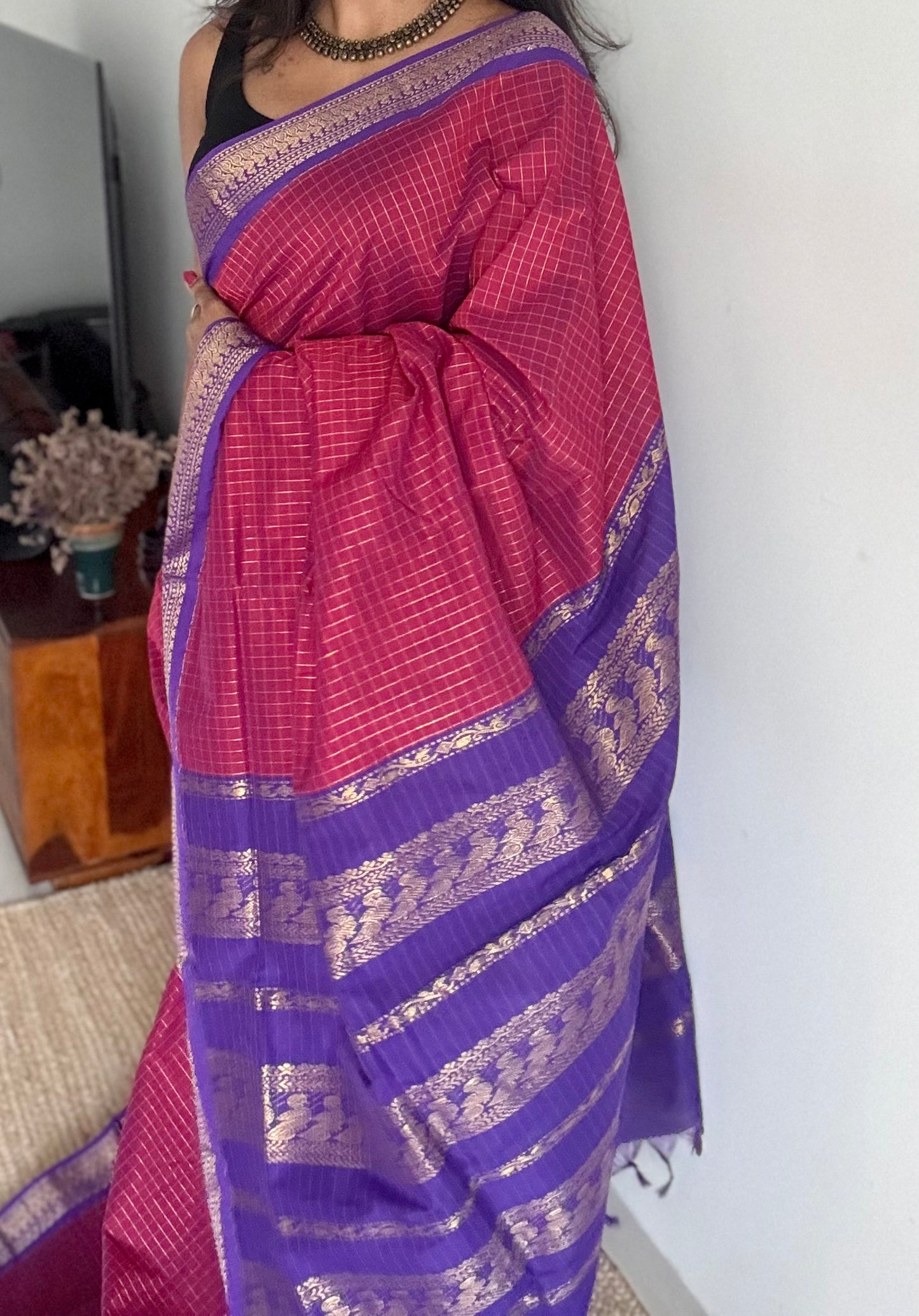 Berry pink with purple, checks - cotton silk - YCCOTNOCKC41