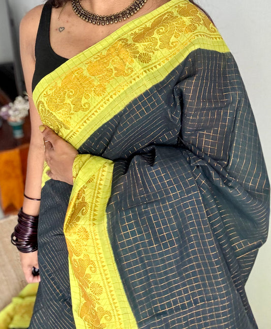 Black with lime green checkered sungudi, madurai cotton - YCCOTNSUDE44