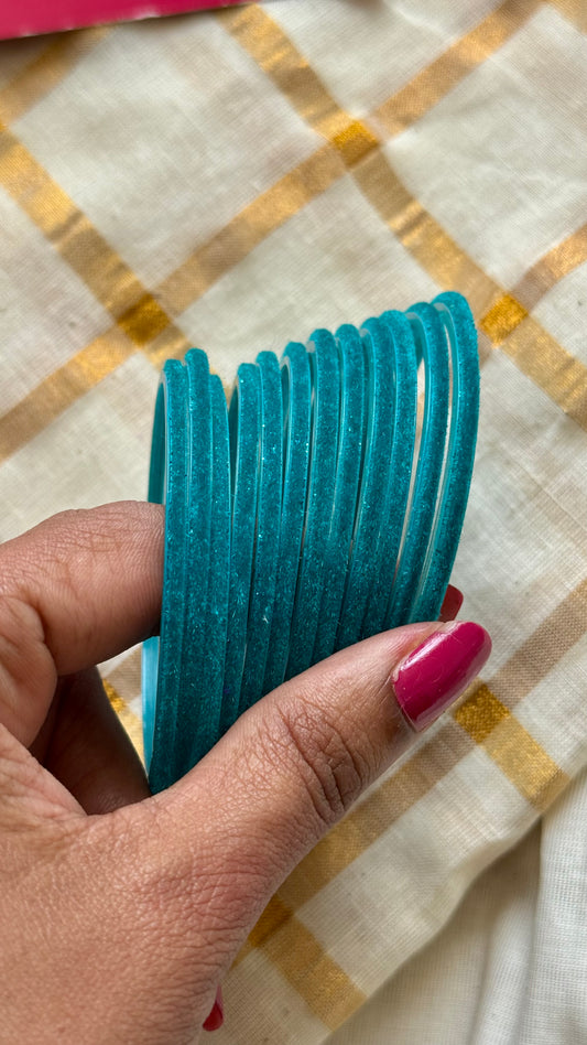 Turquoise velvet glass bangles, set of 12 - YCBANGL361