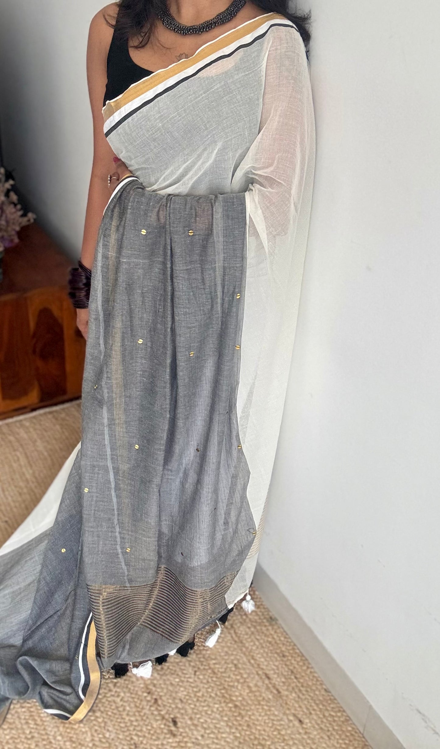 Ivory with dark grey with sequins and antique gold zari border, mul cotton - YCONBCM240