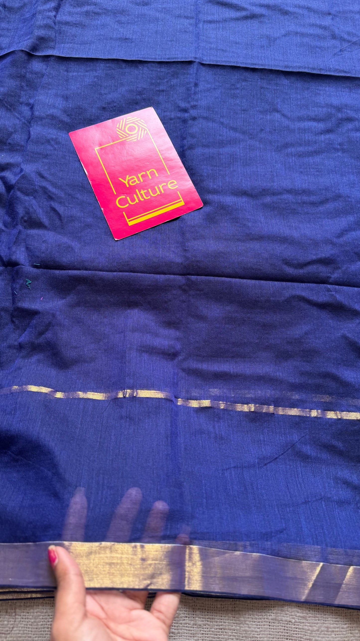 Dark blue mul, antique gold zari, gap border pattern - YCBCMCGZSE73