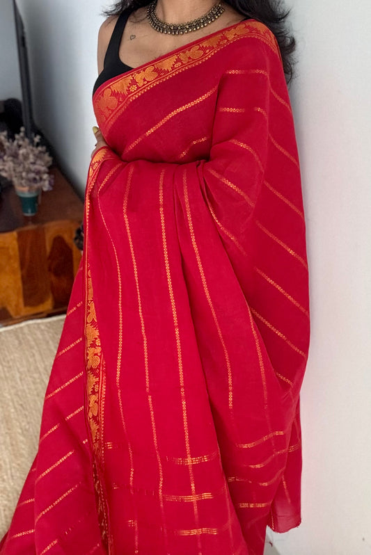 Red veldhaari, kattuchayam dyed, madurai cotton - YCCOTNSEMS85