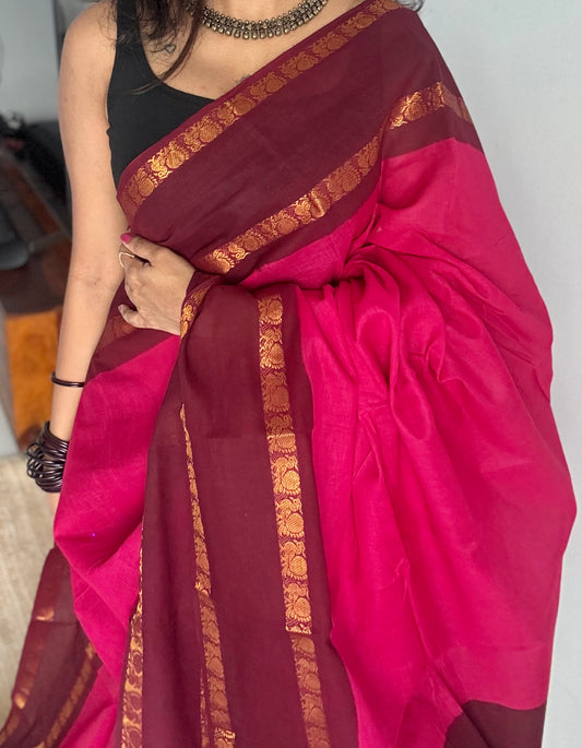 Dark pink with dark maroon sungudi, kattuchayam dyed, madurai cotton - YCCOTNOCSC14