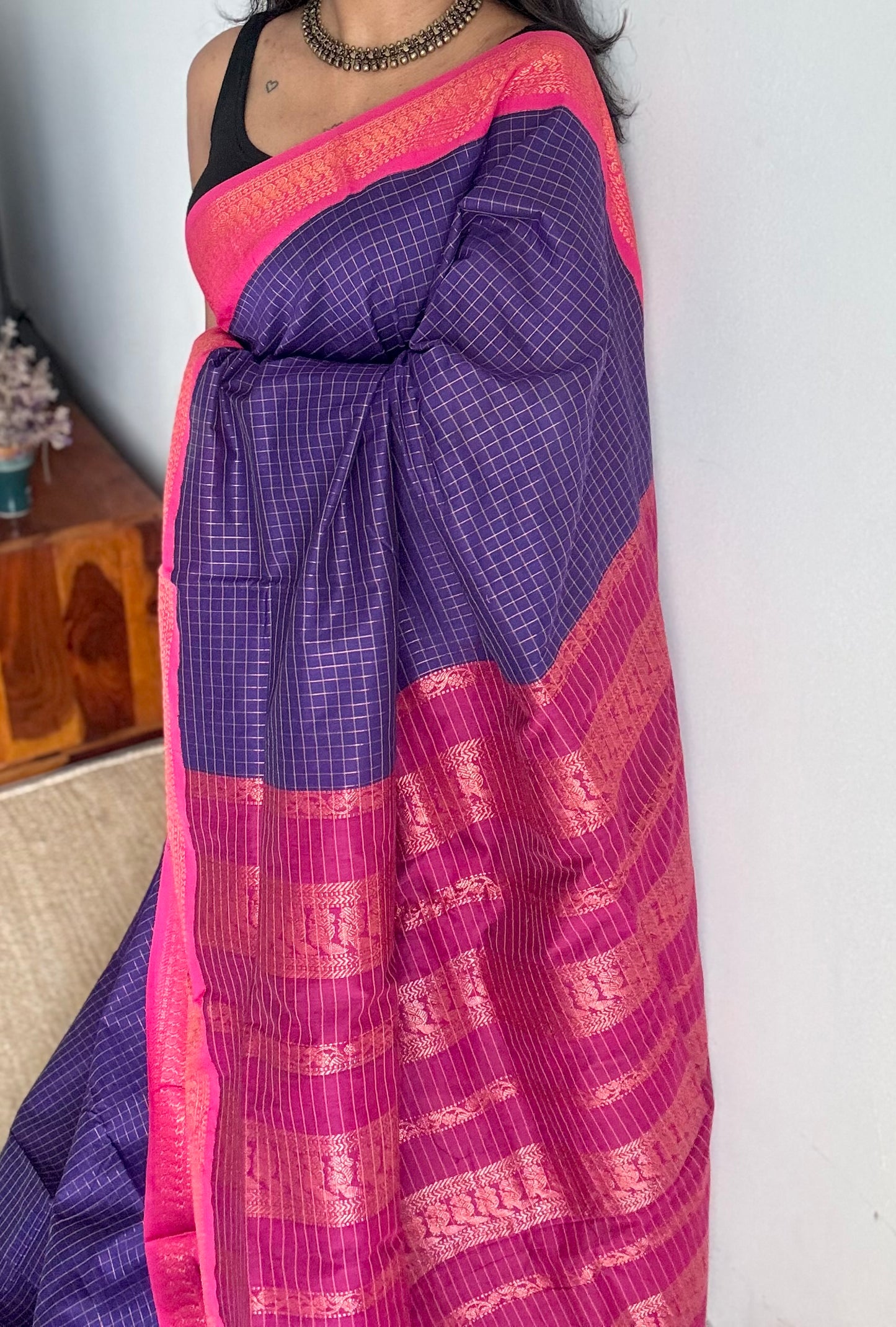 Navy blue with pink, checks - cotton silk - YCCOTNSEKCS13