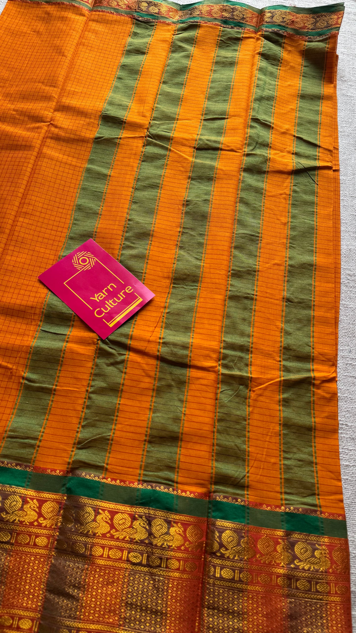 Yellowish orange checks with zari border, premium narayanpet, soft cotton - YCWOTDOCNP02