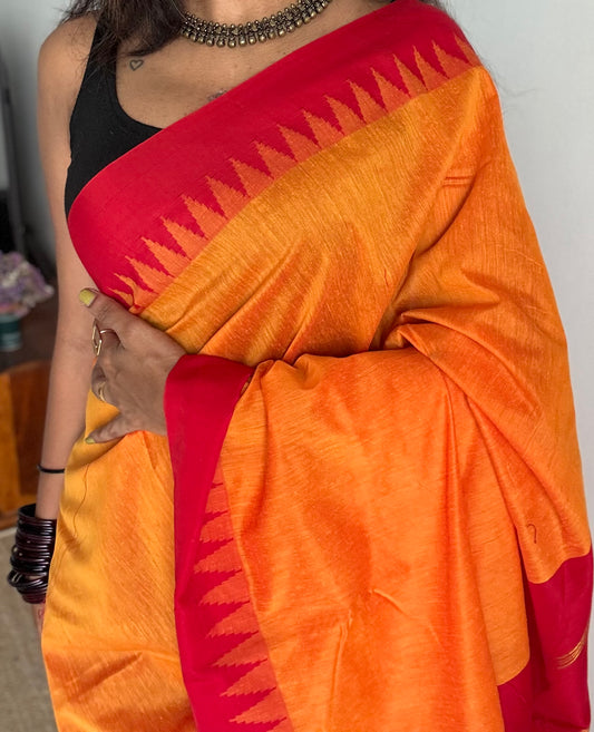 Light orange with red contrast, temple border saree, cotton silk - YCCOTNTBFE55