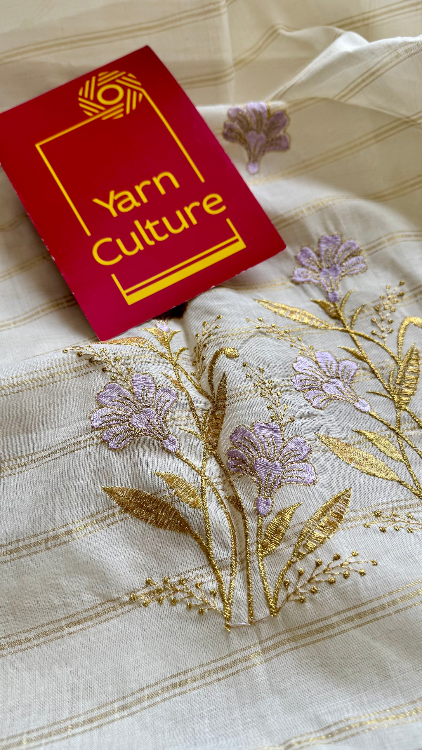 Ivory and gold with lavender flower embroidery, striped zari, kerala cotton - YCON25KCSFE261