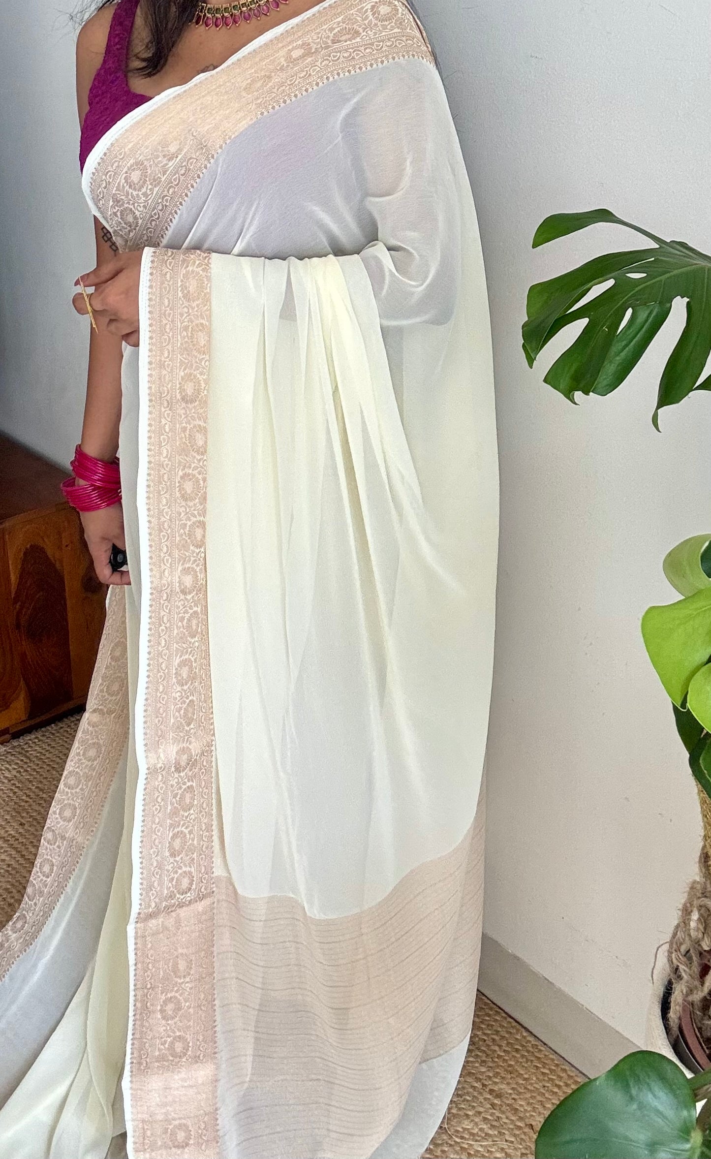 Ivory soft georgette saree, with antique gold zari border - YCIEON87