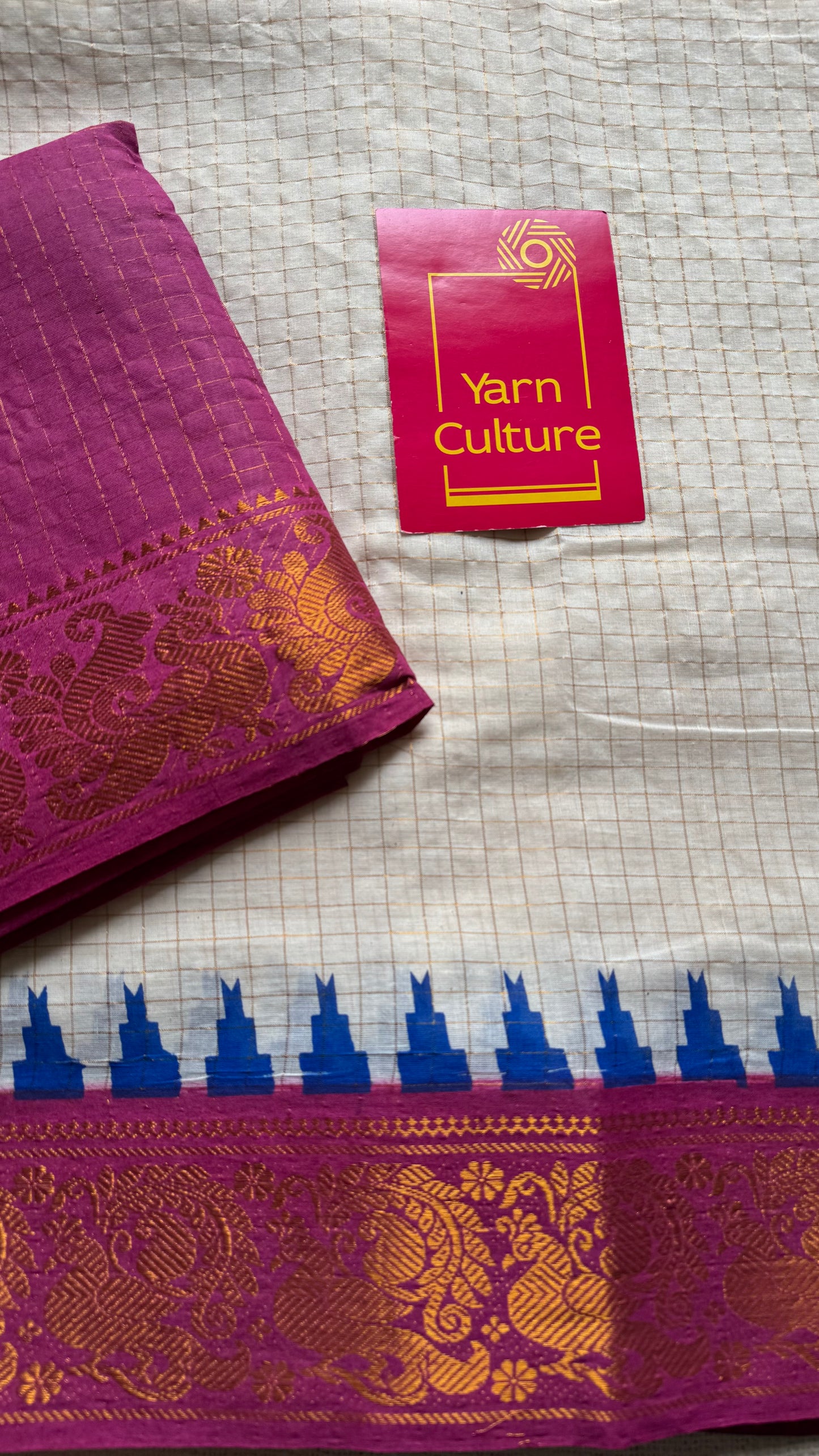 Sungudi cotton checks, ivory gold base, green and magenta dual tone border, soft cotton - YCCOTNSEMS60