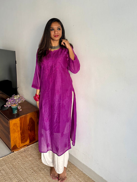 Purple pink muslin chanderi chikankari with bakhiya work, stitched kurta, round neck, three fourth sleeves - YCSECKJA145