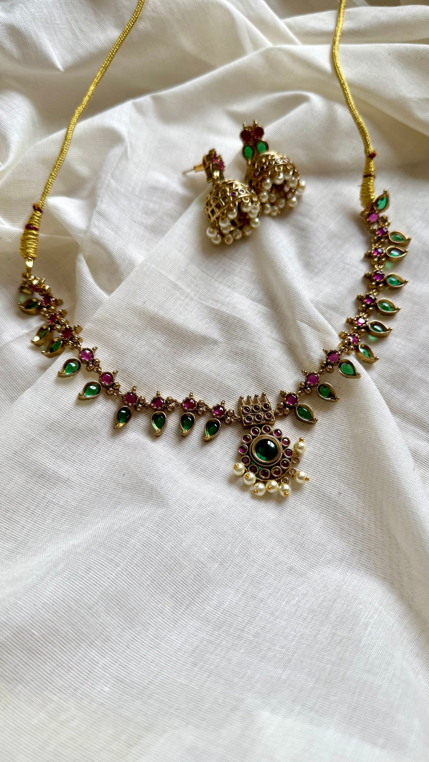 Green and dark pink palakka necklace with jhumka - YCAGC82