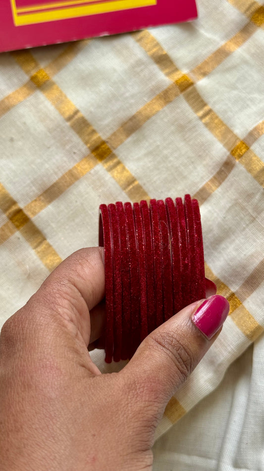 Maroon velvet glass bangles, set of 12 - YCBANGL357