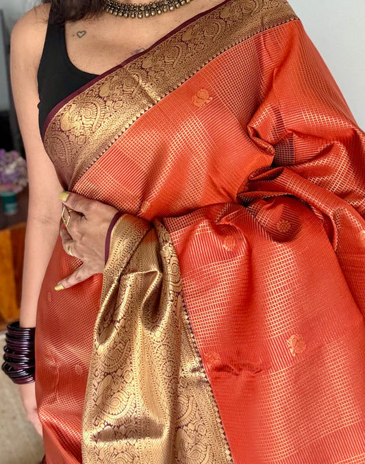 Rust orange with brown, handloom koorai kattam semi silk - YCSOKSSFE41