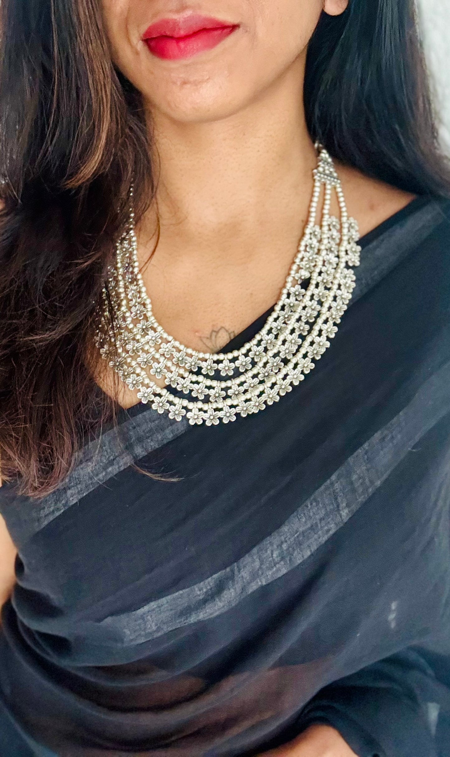 Three layered floral neckpiece, oxidised silver - YCOSNP309