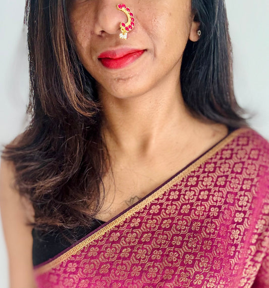 Gold plated, ruby coloured stone, clip on Maharashtrian nath - YCGPNC200