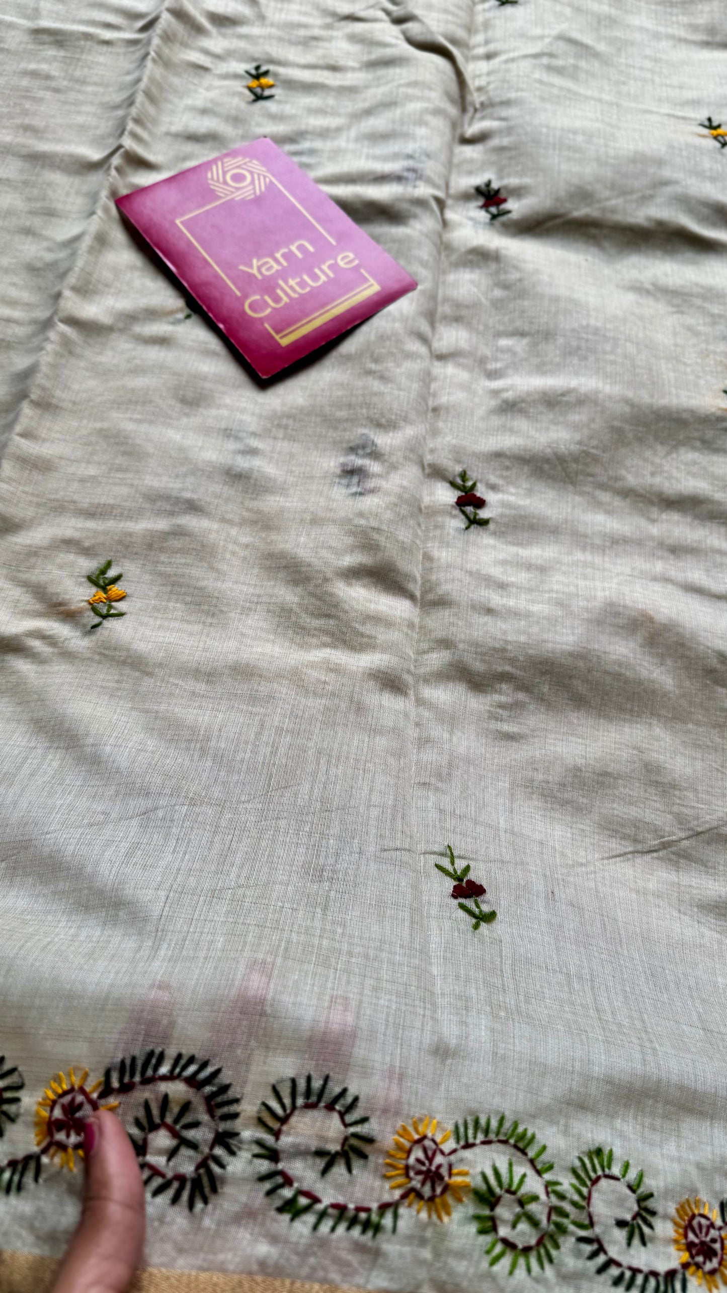 Ivory maheshwari cotton silk blend with maroon and yellow floral kantha threadwork - YCBLAUMK13