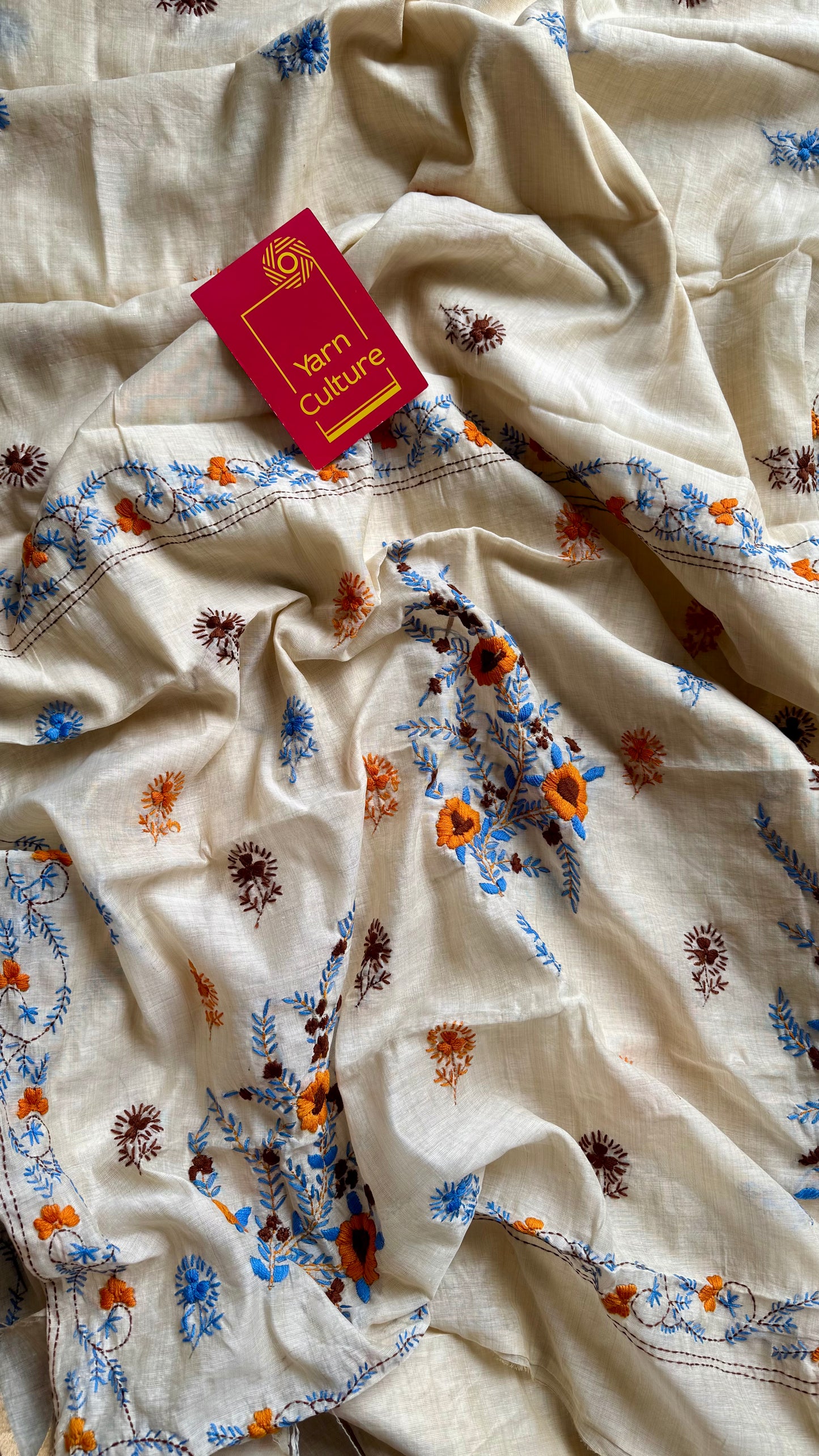 Ivory maheshwari cotton silk blend with yellow and blue floral kantha threadwork - YCBLAUMK11