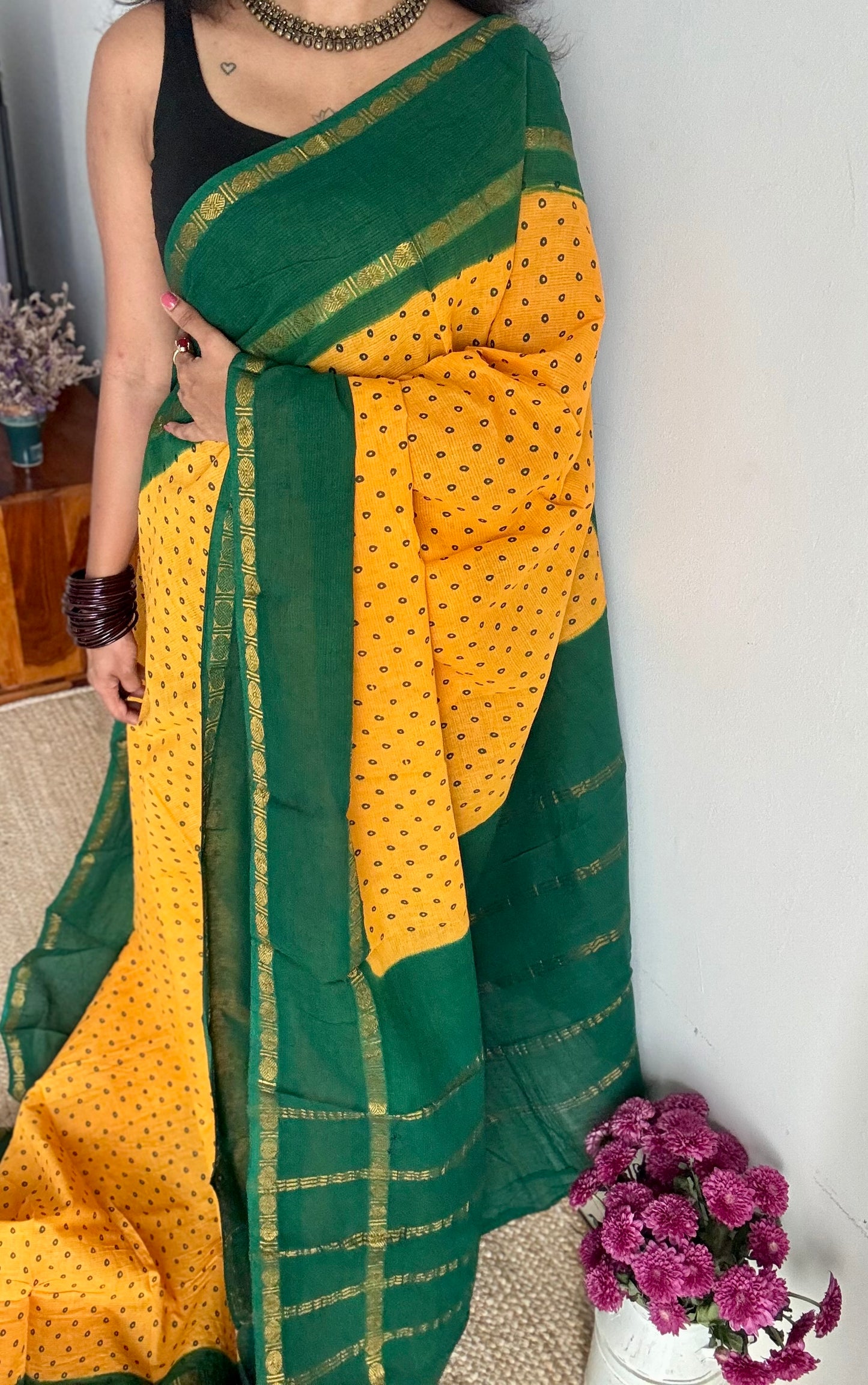 Yellow with green, sungudi motif and rudraksham border, madurai soft cotton - YCCOTNAUSC06