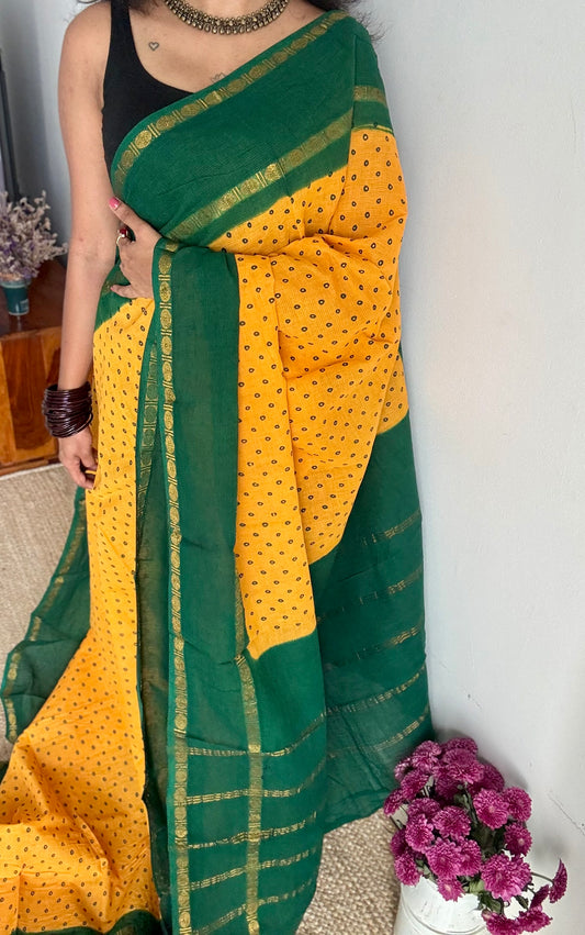 Yellow with green, sungudi motif and rudraksham border, madurai soft cotton - YCCOTNAUSC06