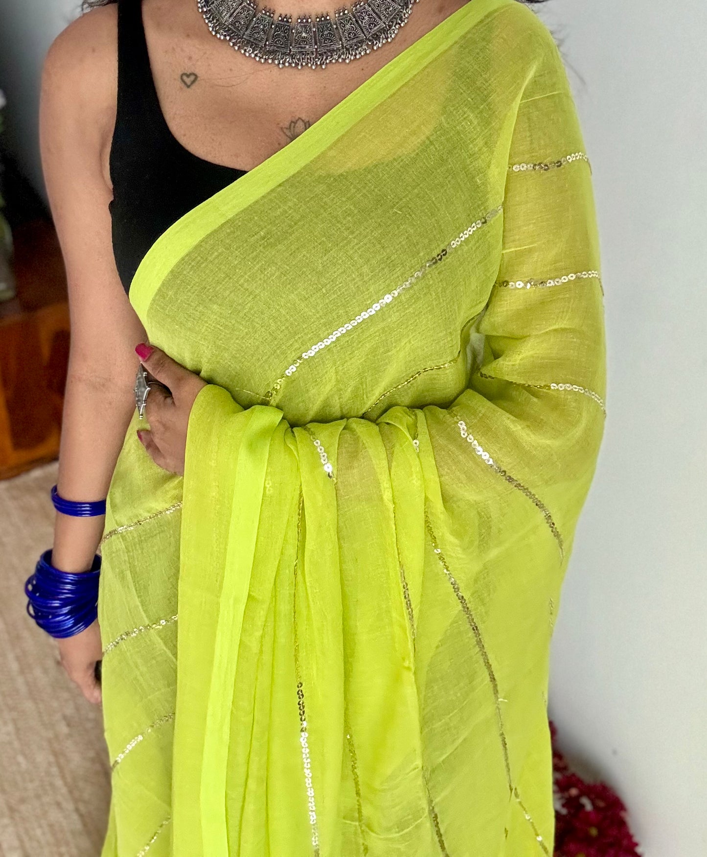 Lime green mul with silver sequins - YCBCMCLSE60