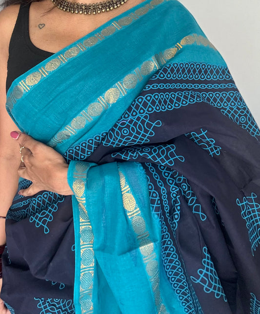 Dark blue with aqua blue, kolam print, rettaipettu gap border, madurai soft cotton - YCCOTNMSAP201