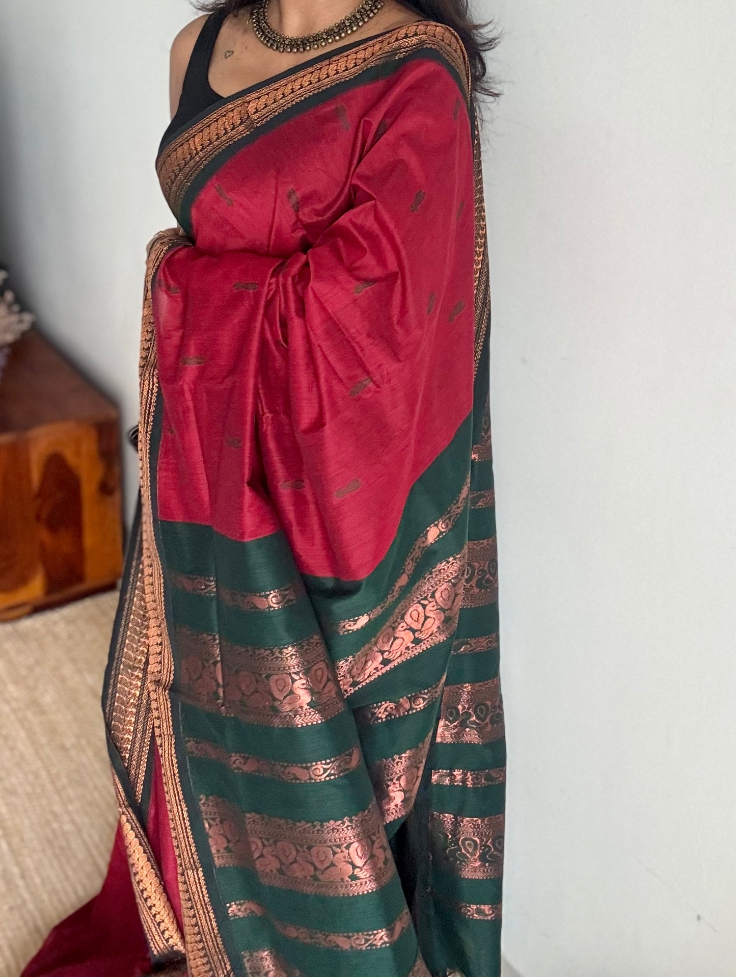 Dark red with dark green, cotton silk - YCCOTNOCKCS15