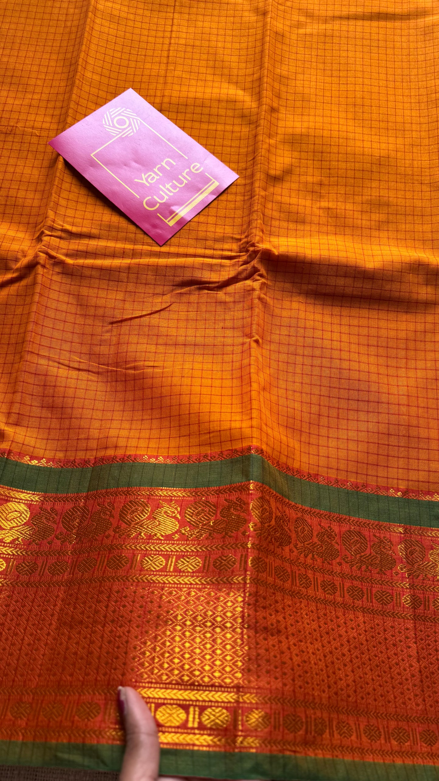 Yellowish orange checks with zari border, premium narayanpet, soft cotton - YCWOTDOCNP02