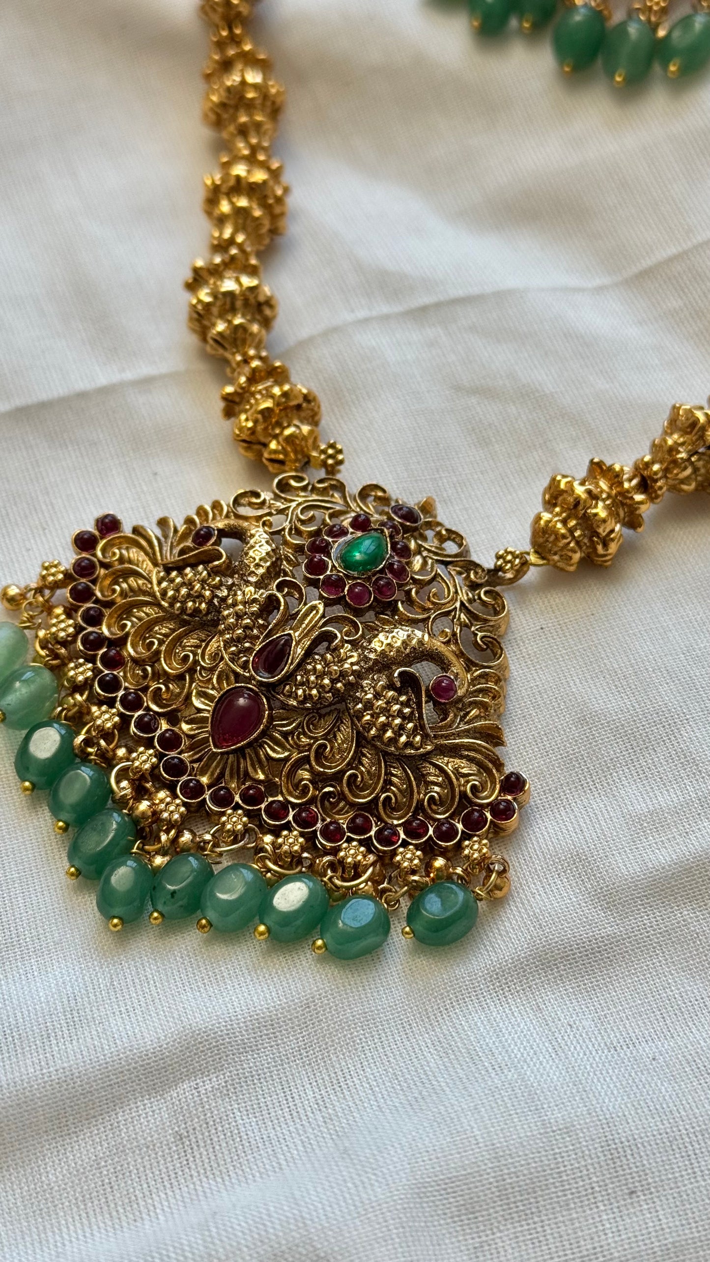 Ruby green peacock pendant neckpiece, with earrings - YCGPNP630