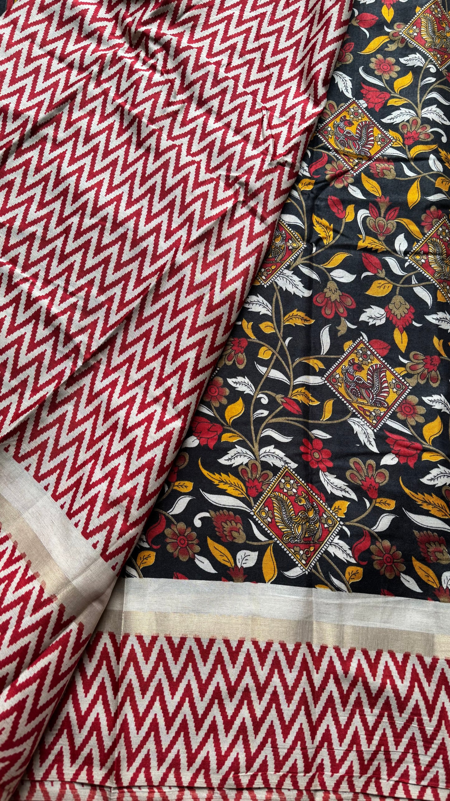 Black and red, printed kalamkari, semi-tussar - YCWOTDSTK02
