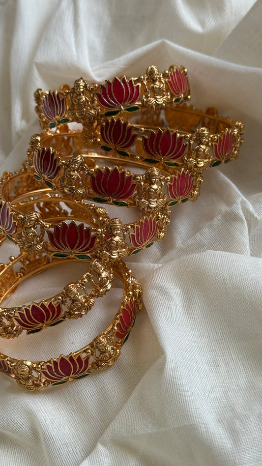 Dark pink with green lotus bangles (set of 2) - YCAGBG98