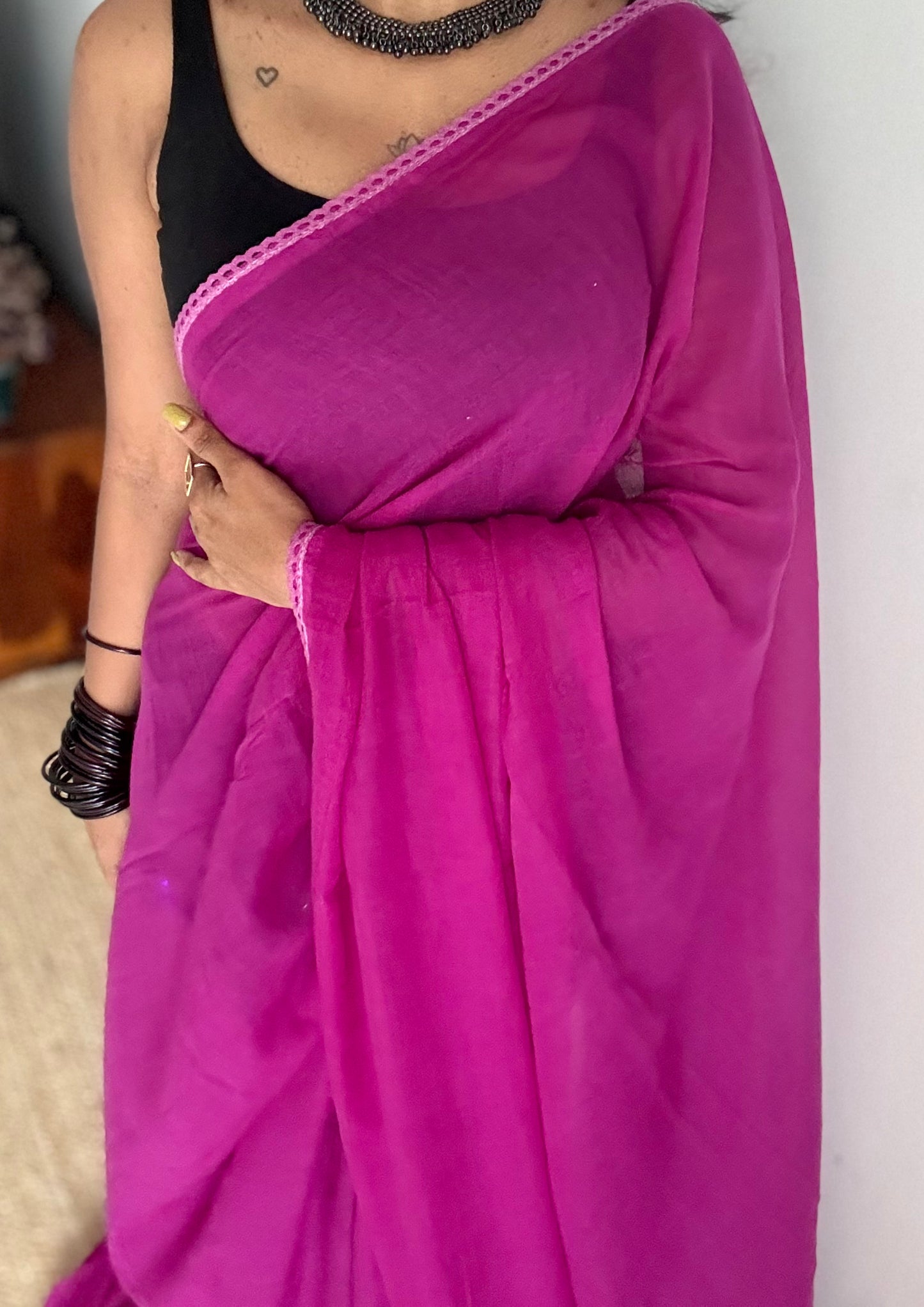 Purple pink plain mul with lace border - YCBCMCLSE02