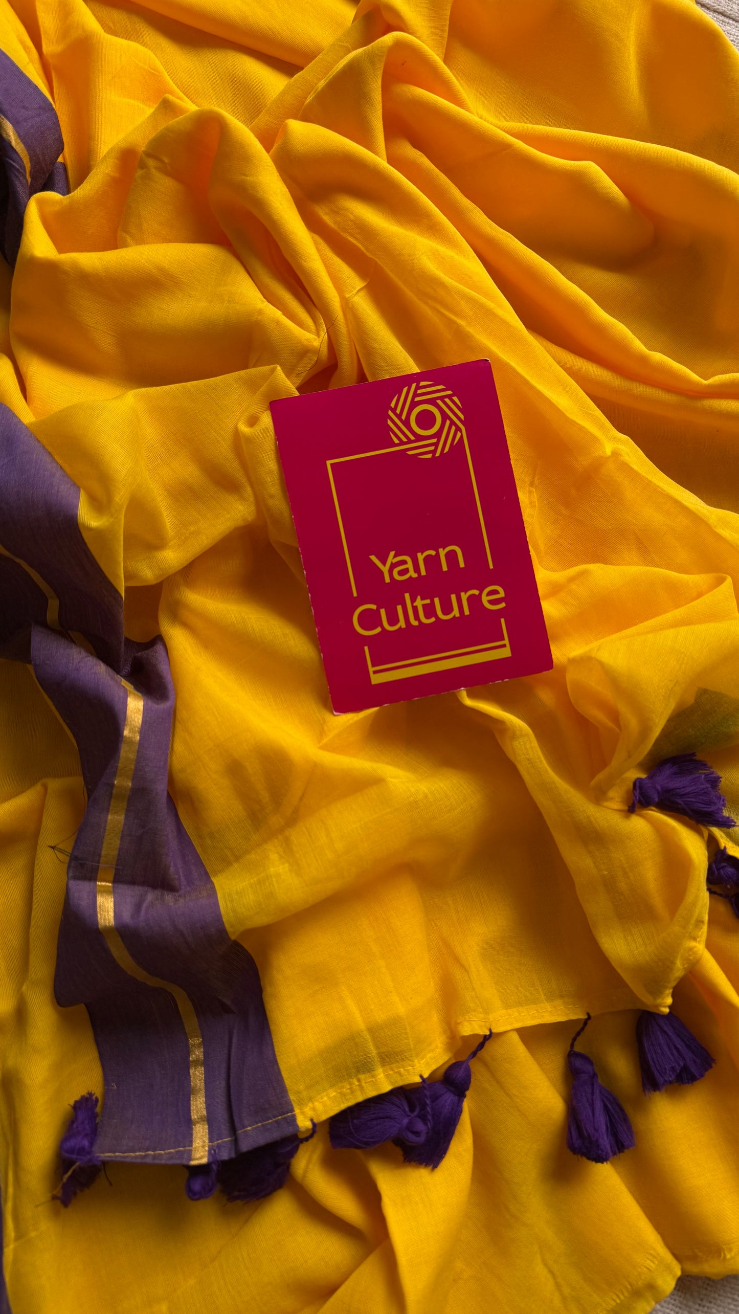 Yellow with purple border mul, thin antique gold zari gap border - YCBCMCLSE45