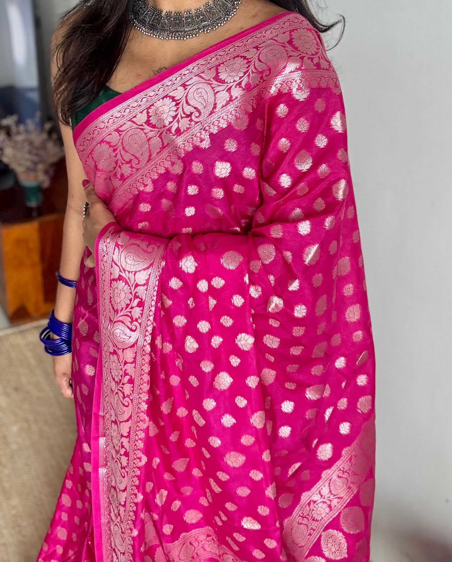 Hot pink, silver buttas and zari, Banarasi semi-silk - YCDESE42