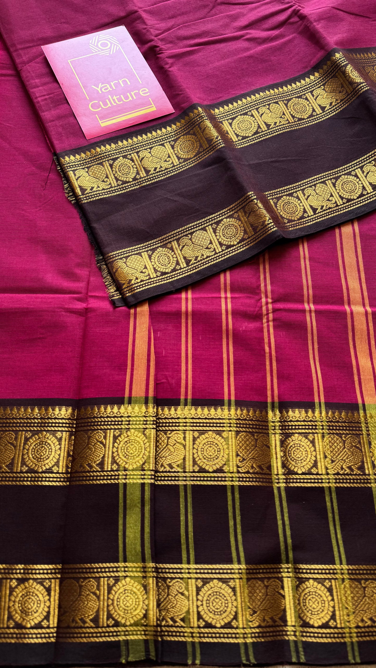 Dark pink with dark brown Chettinad cotton saree with rettaipettu peacock border - YCCOTNCCFE157