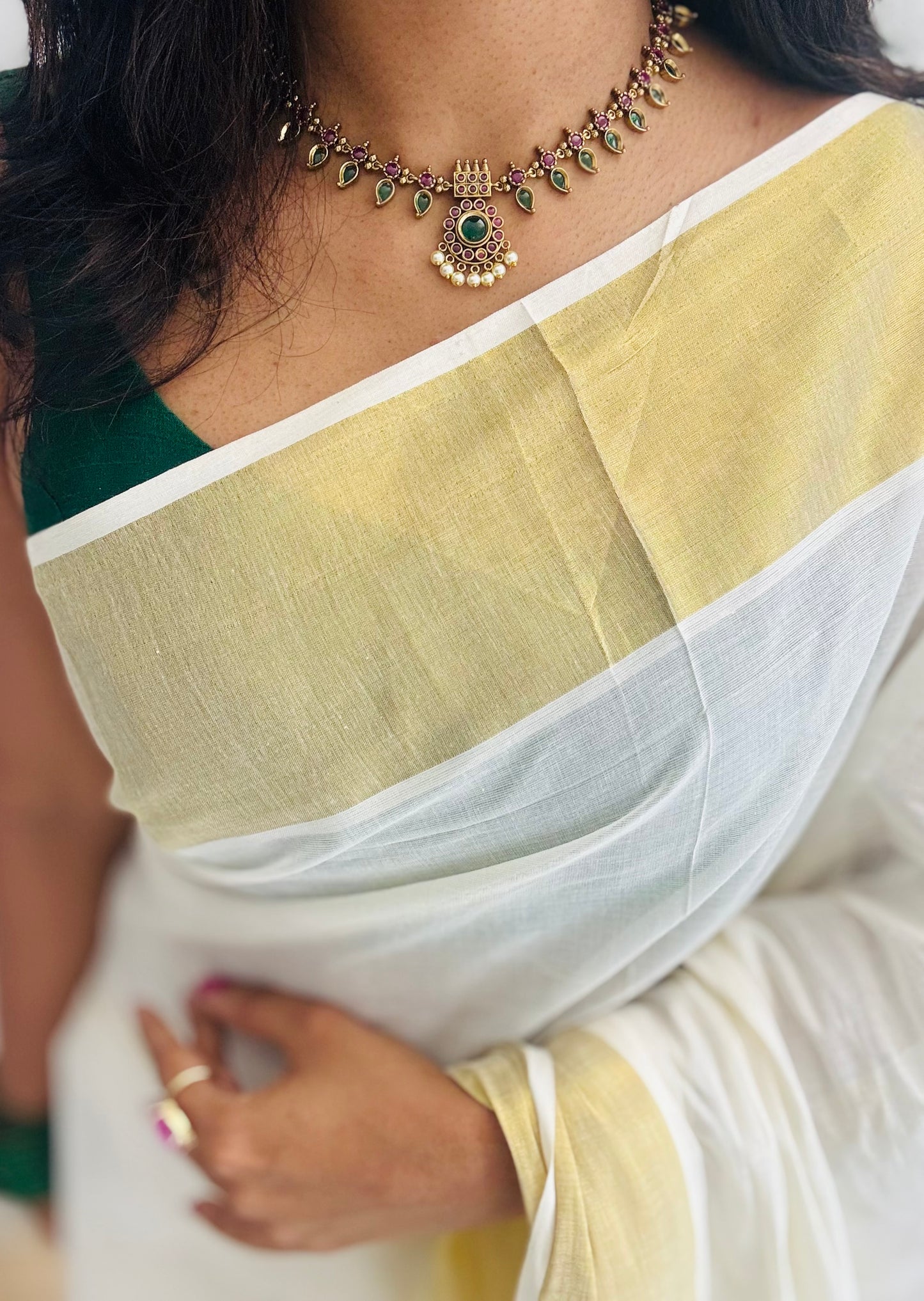 Green and dark pink palakka necklace with jhumka - YCAGC82